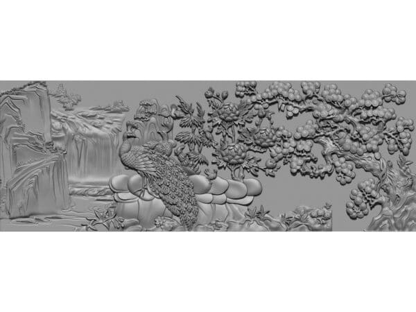 Peacock & Waterfall Nature 3D Relief CNC Design (STL/3D Model Download)