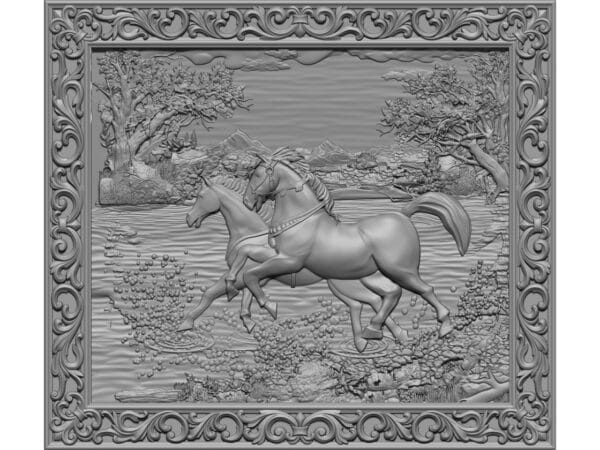 Running Horses 3D Relief CNC Frame Design (STL/3D Model Download)